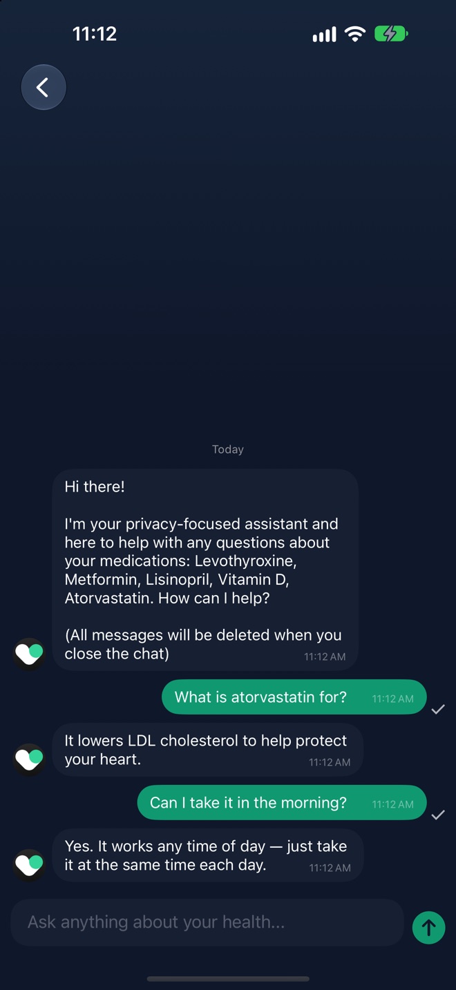 DoseMed AI assistant answering a question about a medication on the list