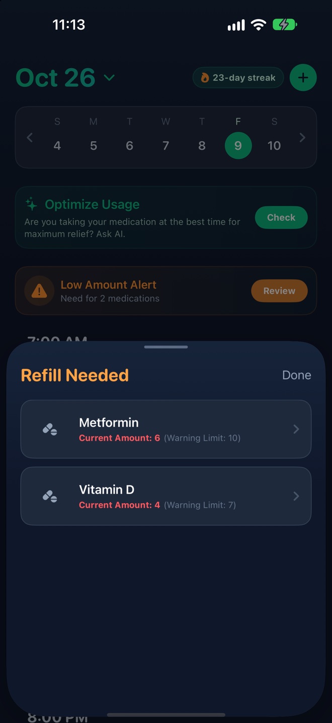 DoseMed low-stock alert asking to refill a medication