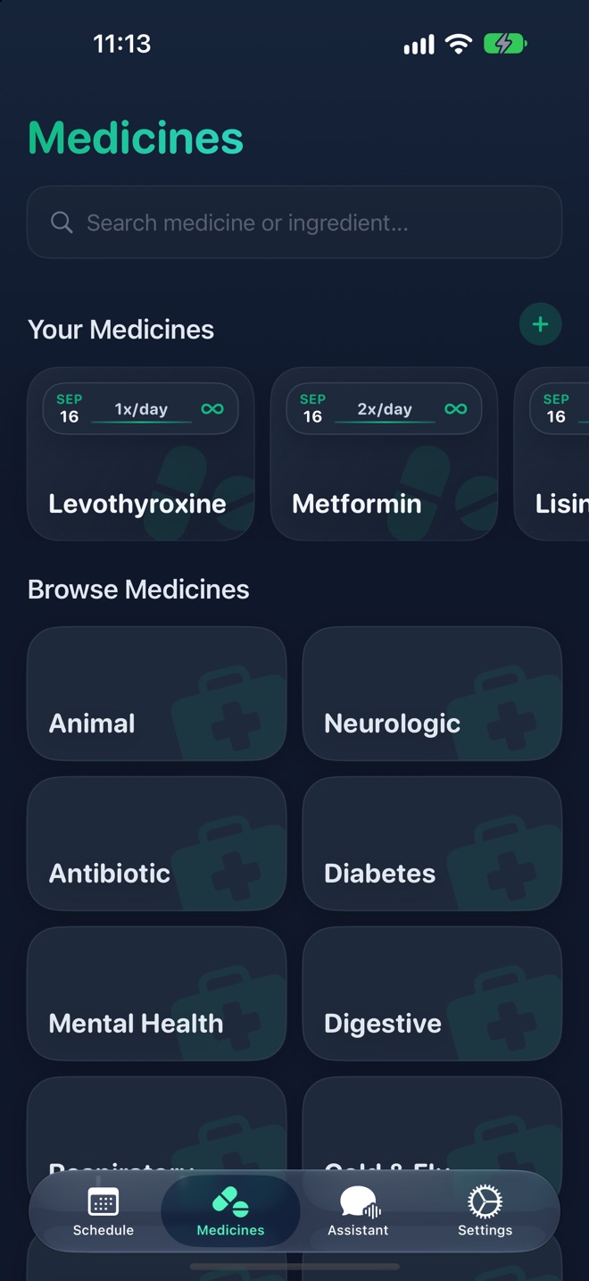 DoseMed medicines tab: searching the FDA drug database